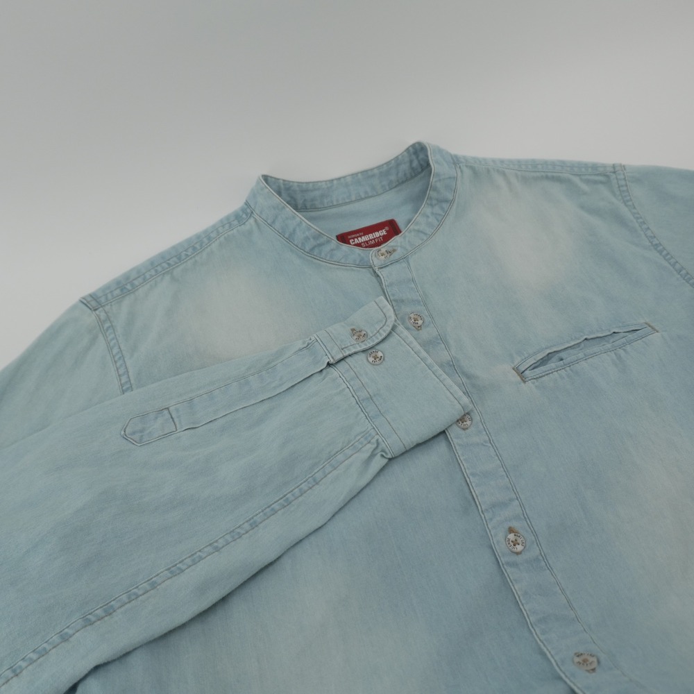 Cambridge Button Down Shirt Mens XL Light Blue Slim Fit Band Collar Denim